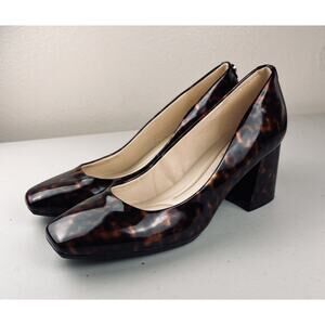 Women’s Tortoise Shell Block Heel Pumps Square Toe Patent Look Size 8